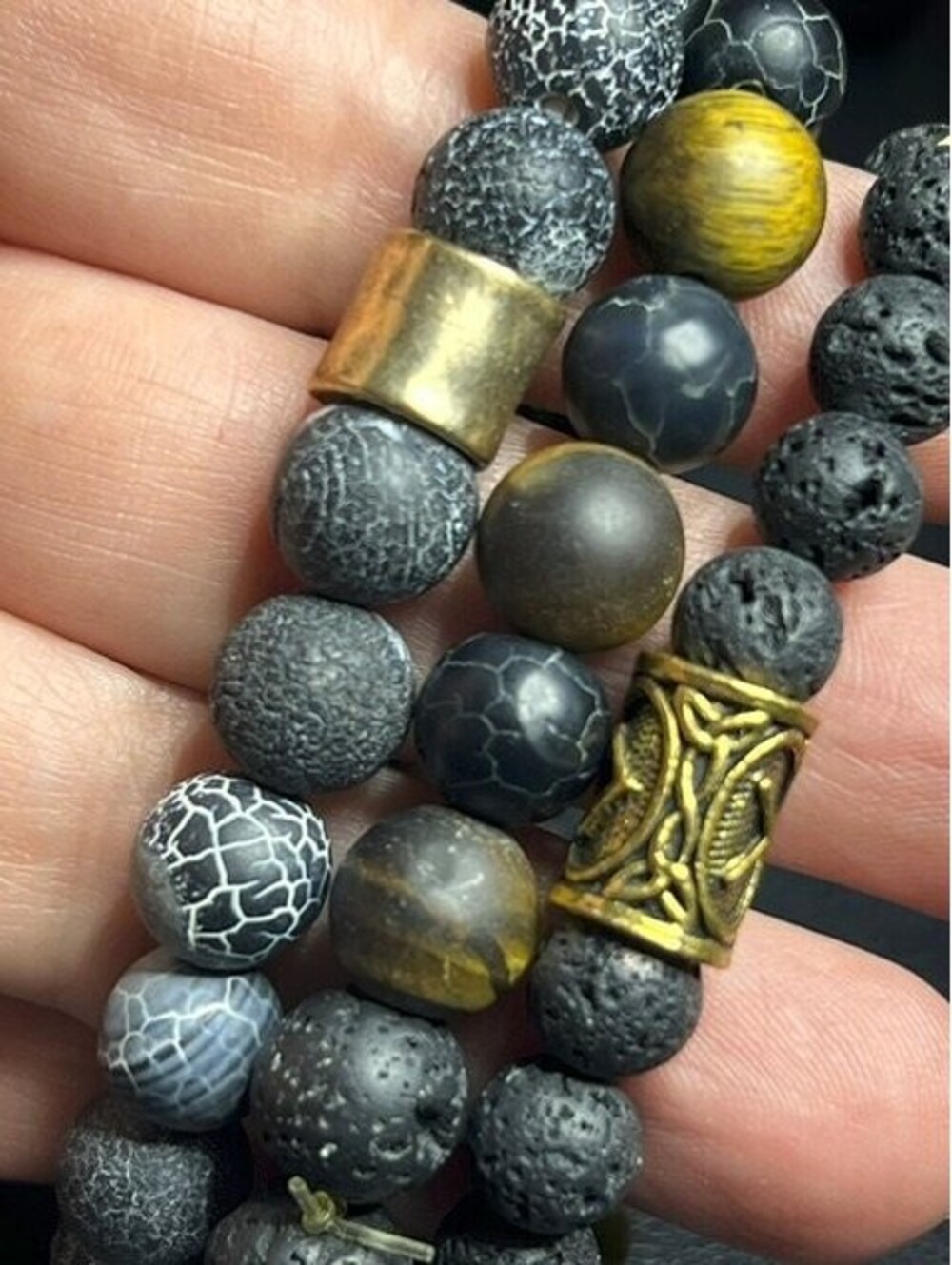 B6714  3pc Viking Lava Stone Tiger Eye Agate Stretch Bracelet Gold Tone boho